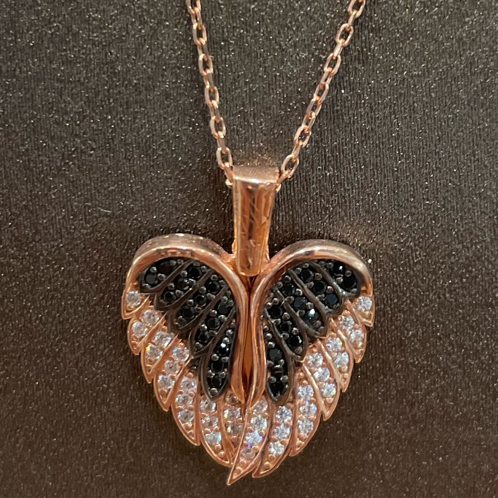925 Silver angel wing heart initial necklace 14K rose gold plated clear/black cz